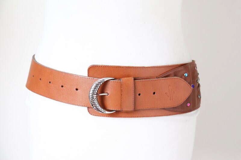 Wide Tan Brown Leather Vintage Belt - 1980s - Alexander