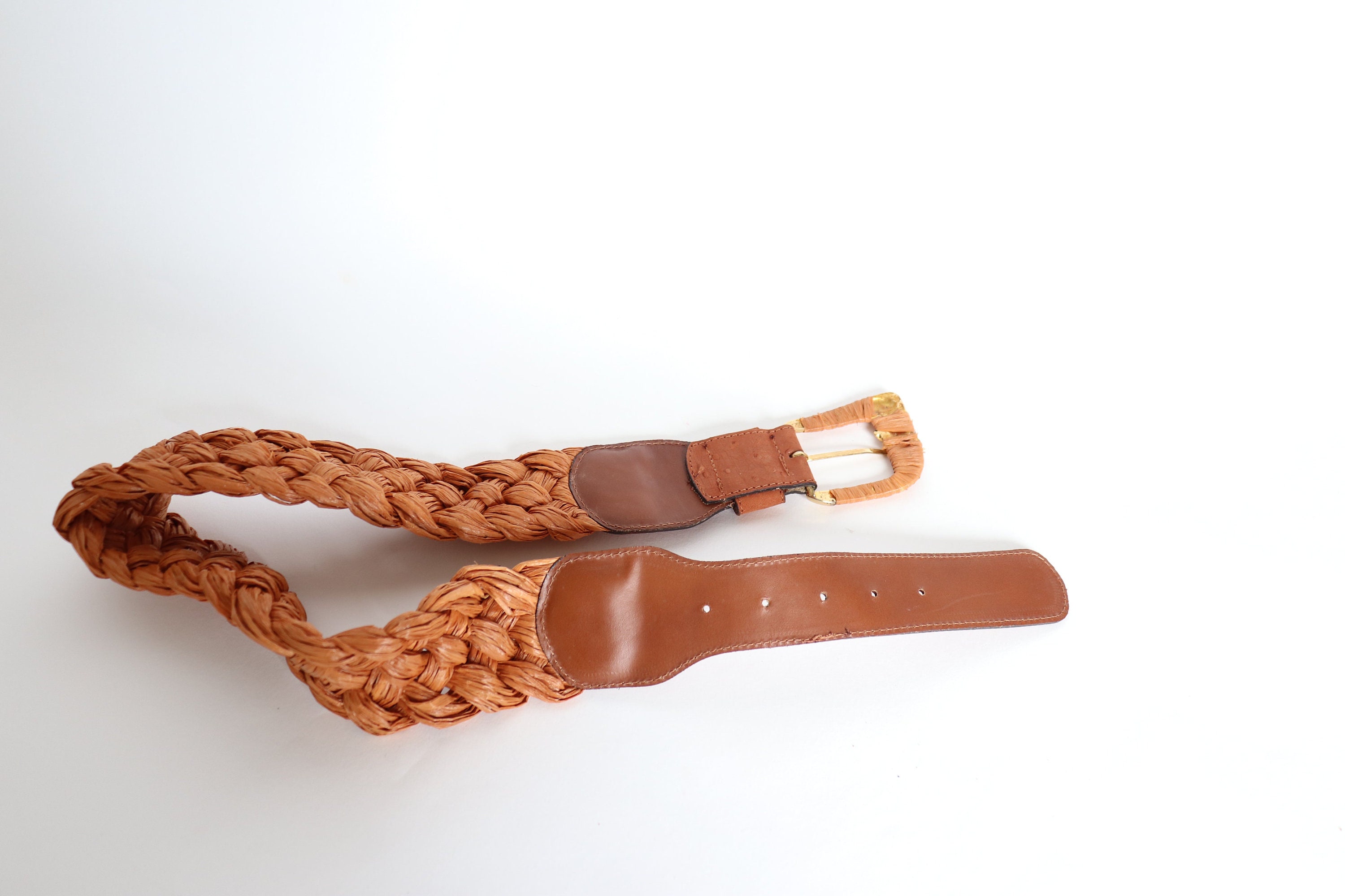 VTG Brown Leather Woven Raffia Braided Belt JASGOOD Women main image 3