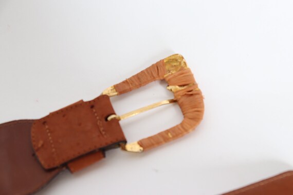 Raffia Woven Vintage Belt - Plaited - Tan Brown Leather - S 