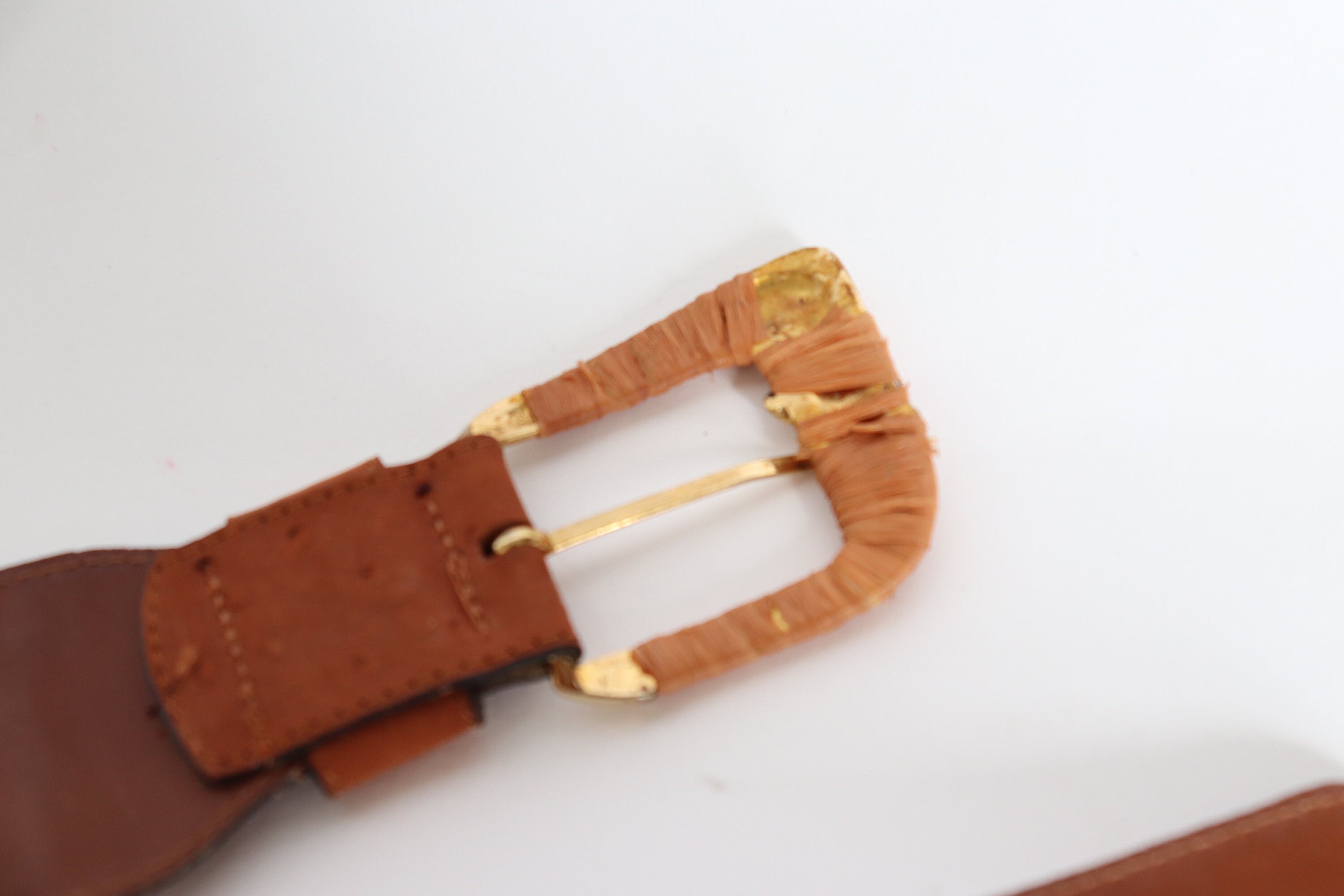 Raffia Woven Vintage Belt - Plaited - Tan Brown Leather - S  display picture 2