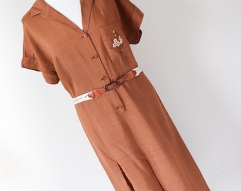 Vintage 1950s / 1970s Day Dress - Shirt Waister - Brown - M / UK 12