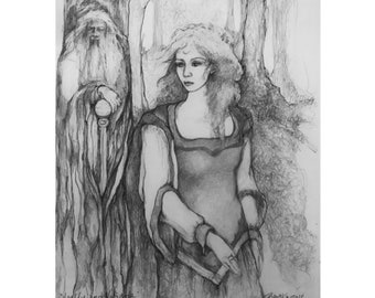 Vivienne and Merlin in Broceliande Forest B&W