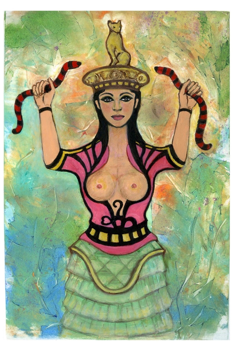 May include: A painting of a woman with a cat on her head, holding two red snakes in her hands. She is wearing a pink top with a black and yellow belt, and a green skirt. The background is a green and blue abstract design.
