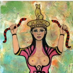 May include: A painting of a woman with a cat on her head and two snakes in her hands. The woman is wearing a pink and gold dress and has long black hair. The background is a colorful abstract design.