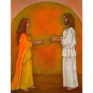May include: An oil painting depicts two figures facing each other, seemingly exchanging something. The woman wears a yellow dress and orange shawl. The man is in white robes. The background features an orange and green arch.