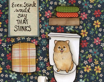 ORIGINAL PAINTING That Stinks-Pomeranian dog Original mixed media painting