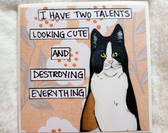 Two Talents cat decorative coaster tile