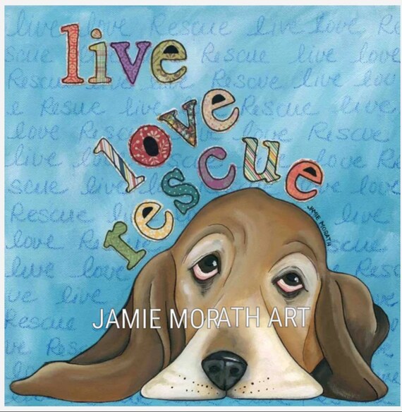Live Love Rescue, Basset Hound Hund Kunst Druck, blauen Hintergrund mit Worten, Ornamente zur Verfügung, Diskette eared Hund Live Love Rescue, Basset Hound Hund Kunst Druck, blauen Hintergrund mit Worten, Ornamente zur Verfügung, Diskette eared Hund