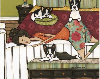 Boston's Bed, Boston Terrier dog wall art print gifts