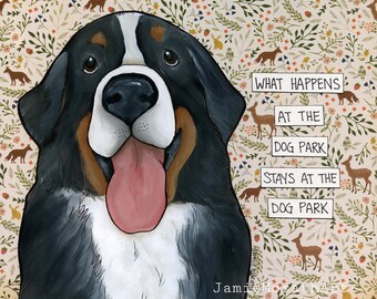 Dog Park, Bernese Mountain dog wall art print gifts. Great gift ideas for dog lovers.