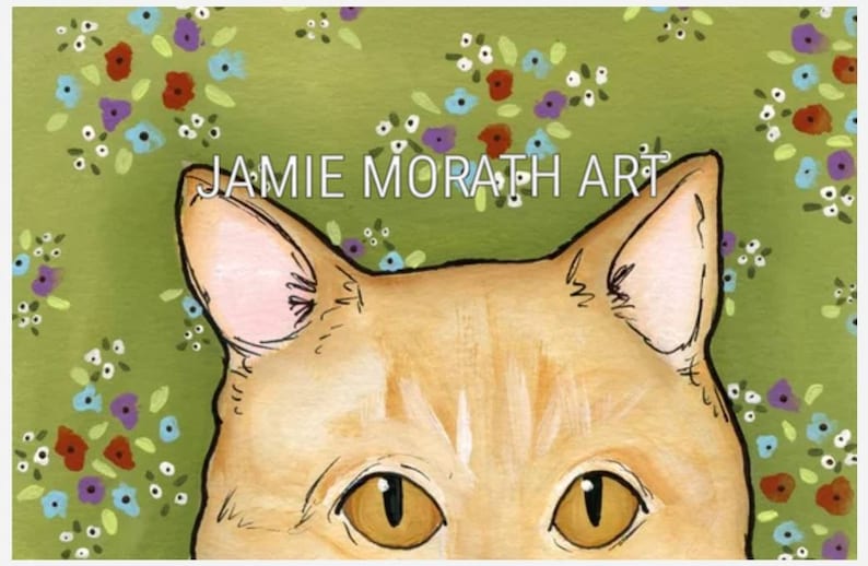 You/'re Being Watched orange tabby with yellow eye orange tabby cat peeking over the edge with green background with flower pattern green