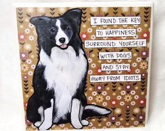 Border Collie dog, decorative coaster tile, Key to Happiness