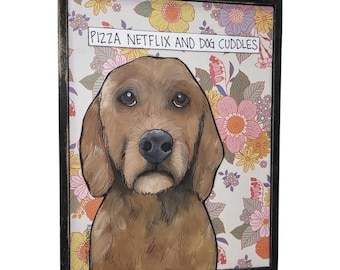 DOG CUDDLES, Doodle dog handmade wall art sign