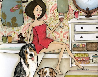 Aussies and Wine, Australian Shepherd dog wall art print. Great dog lovers gift ideas.