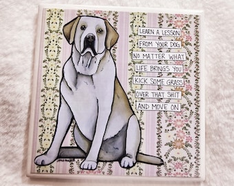 Learn a Lesson, yellow Labrador Retriever dog decorative tile