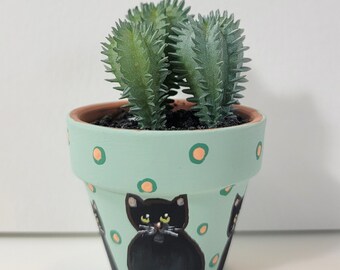 Black cat mini handpainted succulent pot