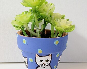 White cat handpainted mini pot with succulent