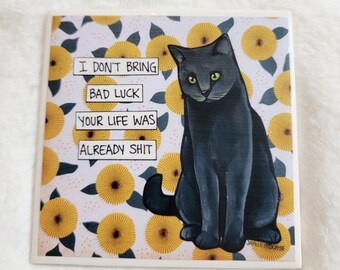Bad Luck Cat #21, decorative coaster tile