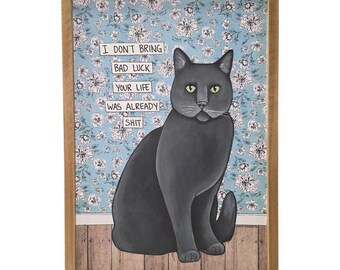 BAD LUCK, Black Cat wall art handmade sign