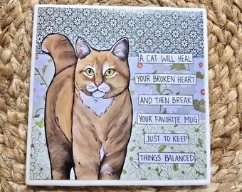 Keep Things Balanced, cat decorative coaster tile
