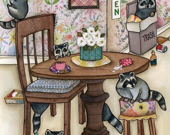 ORIGINAL PAINTING, Trashy Panda, Whimsical raccoon kitchen animal art. Great gift ideas for raccoon lovers.