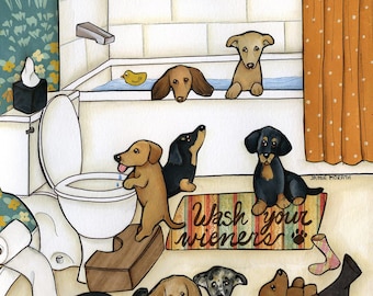 Wash Your Wieners, dachshund dog wall art print gifts