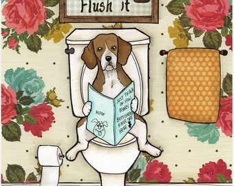Flush It, Beagle dog wall art print. Great gift ideas for beagle dog lovers.