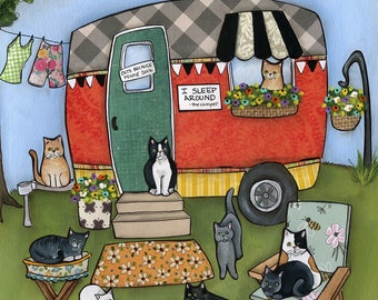 ORIGINAL PAINTING Cat Camper ORIGINAL mixed media painting