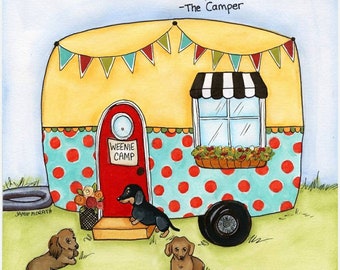 The Camper, dachshund dog wall art print