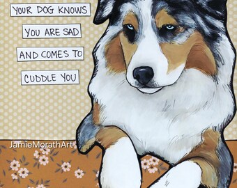 Cuddle You, Australian Shepherd dog wall art print. Great dog lovers gifts.