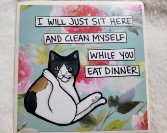 Clean Myself cat decorative coaster tile