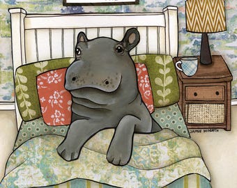 ORIGINAL PAINTING, Fritz Right at Home, Whimsical Hippo laying in bed home decor. Great gifts for Cincinnati zoo lovers.