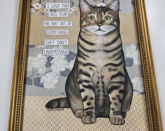 ORIGINAL I Love That, mixed media cat painting