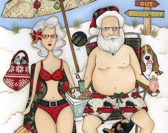 Bellies Out, Santa dog Mrs Claus dog wall art print