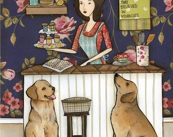 ORIGINAL PAINTING, Cupcakes and Muffins, Golden Retriever dog wall art