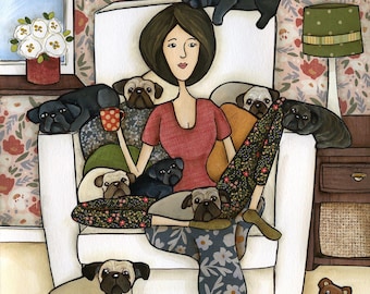 Cuddle Pugs, Pug dog wall art print gifts