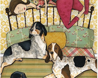 Coonhound Cuddles, dog wall art print gifts