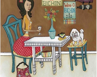 Bichon Bistro, Bichon Fries dog wall art print. Great gift ideas for dog lovers.