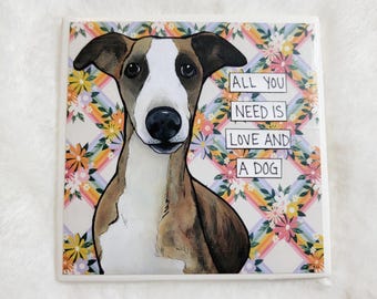 Love and a Dog, Greyhound dog decorative coaster tile