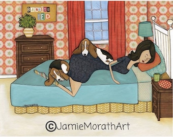 Bassets Bed, Basset Hound dog wall art print. Great dog lovers gift ideas.
