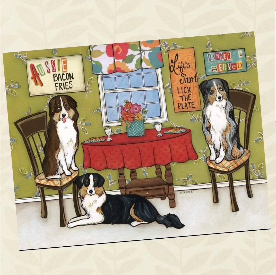 Aussies Australian Shepherd Dog Art Print Kitchen Decor Bacon