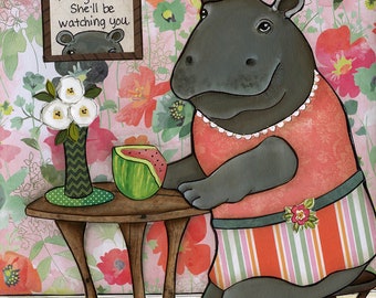 ORIGINAL PAINTING Just a Girl, Fiona the hippo whimsical kitchen wall home decor. Great gift ideas for Cincinnati Zoo Fiona Hippo lovers.