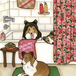 ORIGINAL PAINTING Showering Shelties- dog original mixed media painting