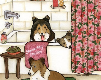 ORIGINAL PAINTING Showering Shelties- dog original mixed media painting