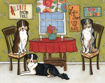 ORIGINAL PAINTING Aussies- Australian Shepherd dog, Original mixed media painting. Great original dog lovers gifts.