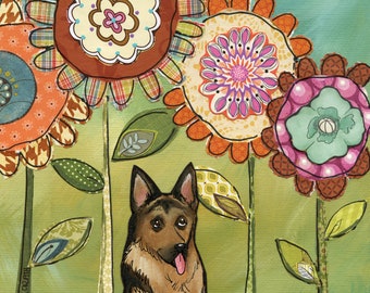 ORIGINAL PAINTING Spring With My Shepherd- dog original mixed media painting