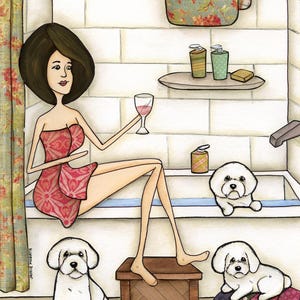 ORIGINAL PAINTING, Bichon Bath, Bichon frise dog art. Great gift ideas for dog lovers.