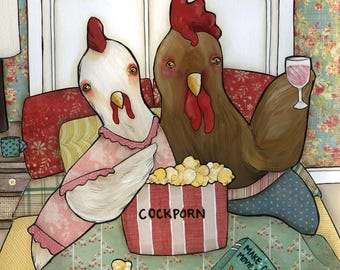 ORIGINAL PAINTING, Cockporn, Whimsical chicken funny bedroom wall art. Great gifts for anniversaries or chicken lovers with a touch of humor
