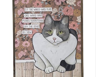OFF THE EDGE, handmade cat wall art sign