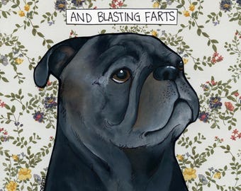 Stealing Hearts, black pug dog wall art print gifts